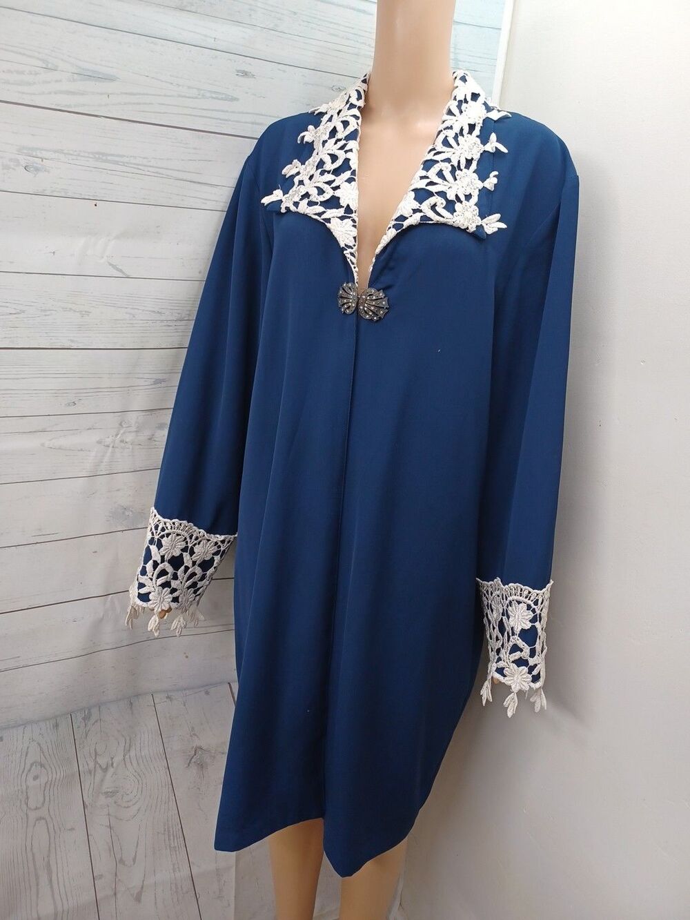 Vtg Dolce Blue White Long Duster Open Cardigan Jacket Sz L Lace
